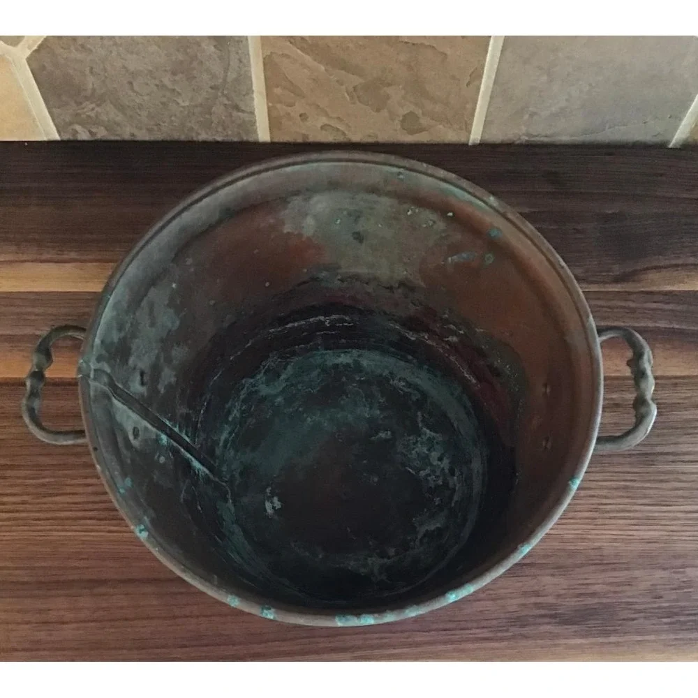 VTG Hammered Copper Bucket Brass Footed Ornate Handles Verdigris Patina 6.75x8.5
